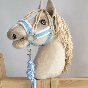 Set for Hobby Horse: the halter A3 with white furry + Tether made of cord - white-light blue