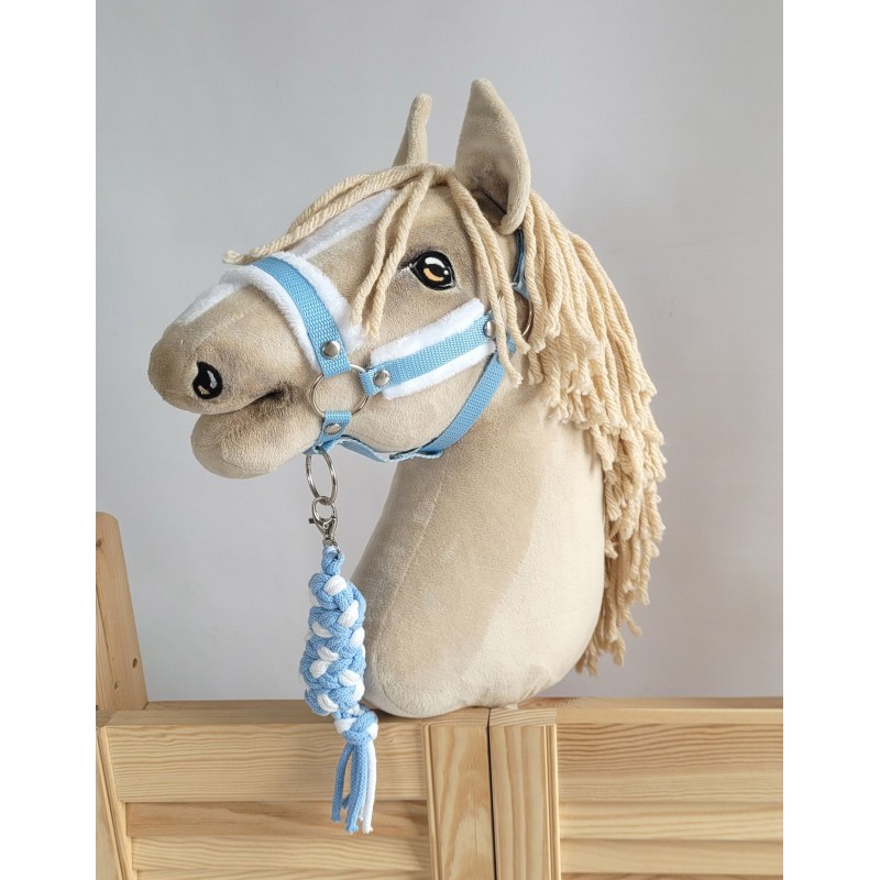 Set for Hobby Horse: the halter A3 with white furry + Tether made of cord - white-light blue