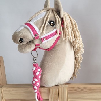 Set for Hobby Horse: the halter A3 with white furry + Tether made of cord - white-dark pink