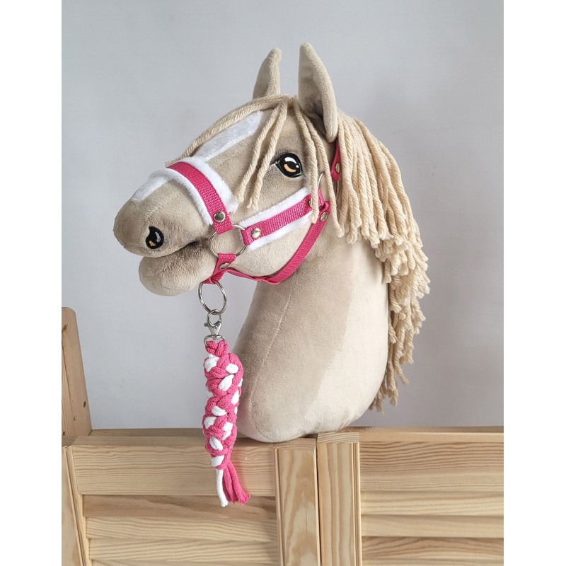 Set for Hobby Horse: the halter A3 with white furry + Tether made of cord - white-dark pink