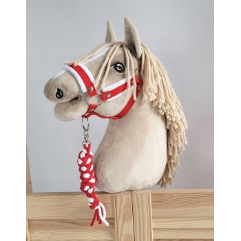 Set for Hobby Horse: the halter A3 with white furry + Tether made of cord - white-red
