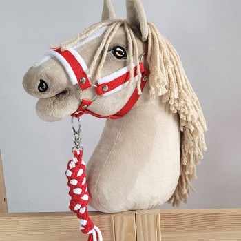 Set for Hobby Horse: the halter A3 with white furry + Tether made of cord - white-red