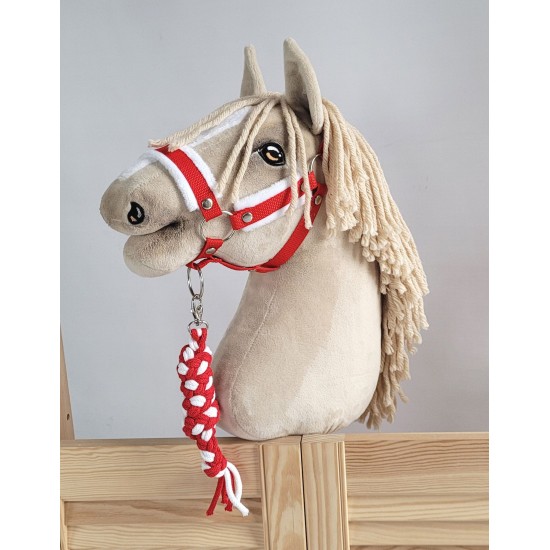 Set for Hobby Horse: the halter A3 with white furry + Tether made of cord - white-red Set for Hobby Horse: the halter A3 with white furry + Tether made of cord - white-red