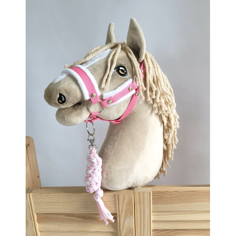 Set for Hobby Horse: the halter A3 with white furry + Tether made of cord - white-pink