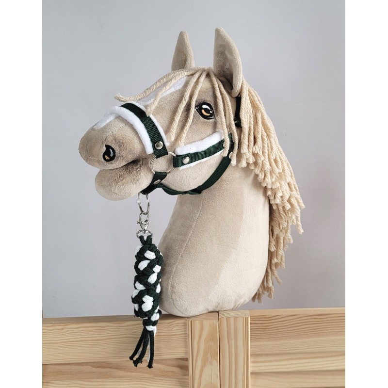 Set for Hobby Horse: the halter A3 with white furry + Tether made of cord - white-khaki