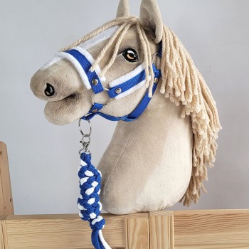 Set for Hobby Horse: the halter A3 with white furry + Tether made of cord - white-blue