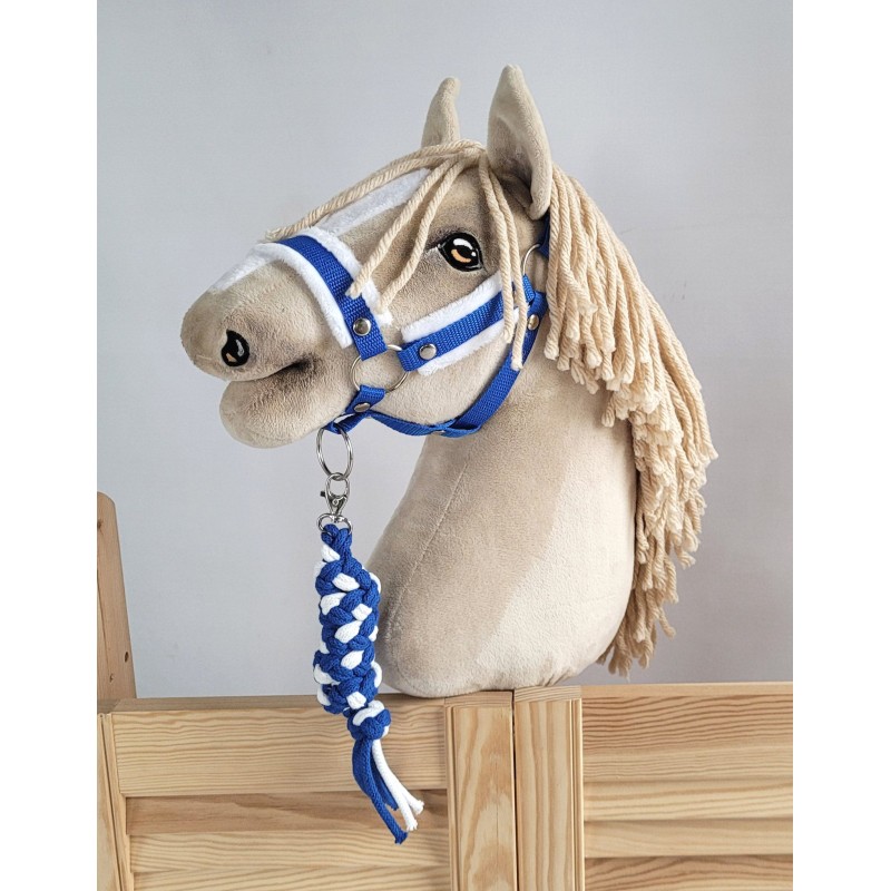 Set for Hobby Horse: the halter A3 with white furry + Tether made of cord - white-blue