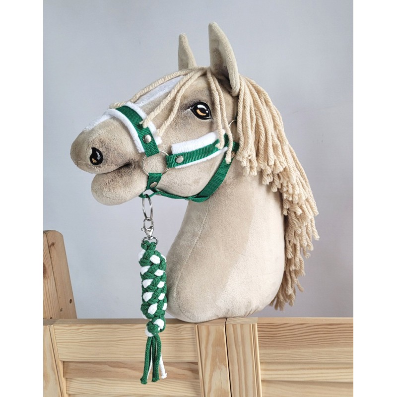 Set for Hobby Horse: the halter A3 with white furry + Tether made of cord - white-green